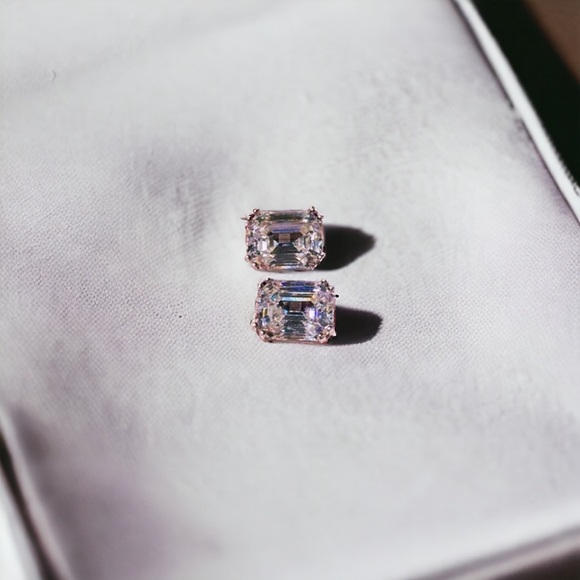 NEW Solid 925 Sterling Silver Prong Set Emerald Cut High Carbon Sparkling Studs - Picture 2 of 16